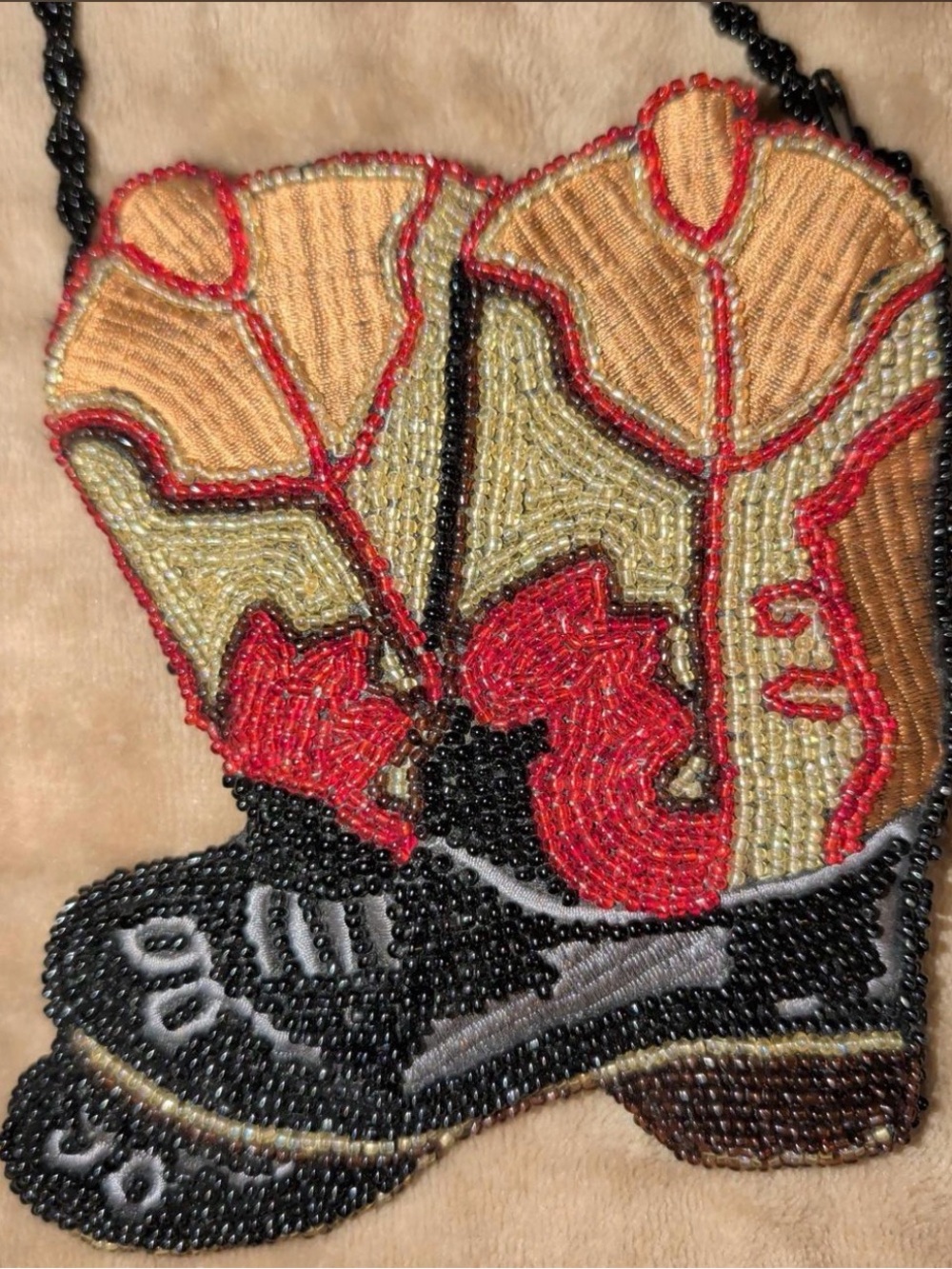 Hand-Beaded Cowboy Boot Wall Art - Red, Gold, Black